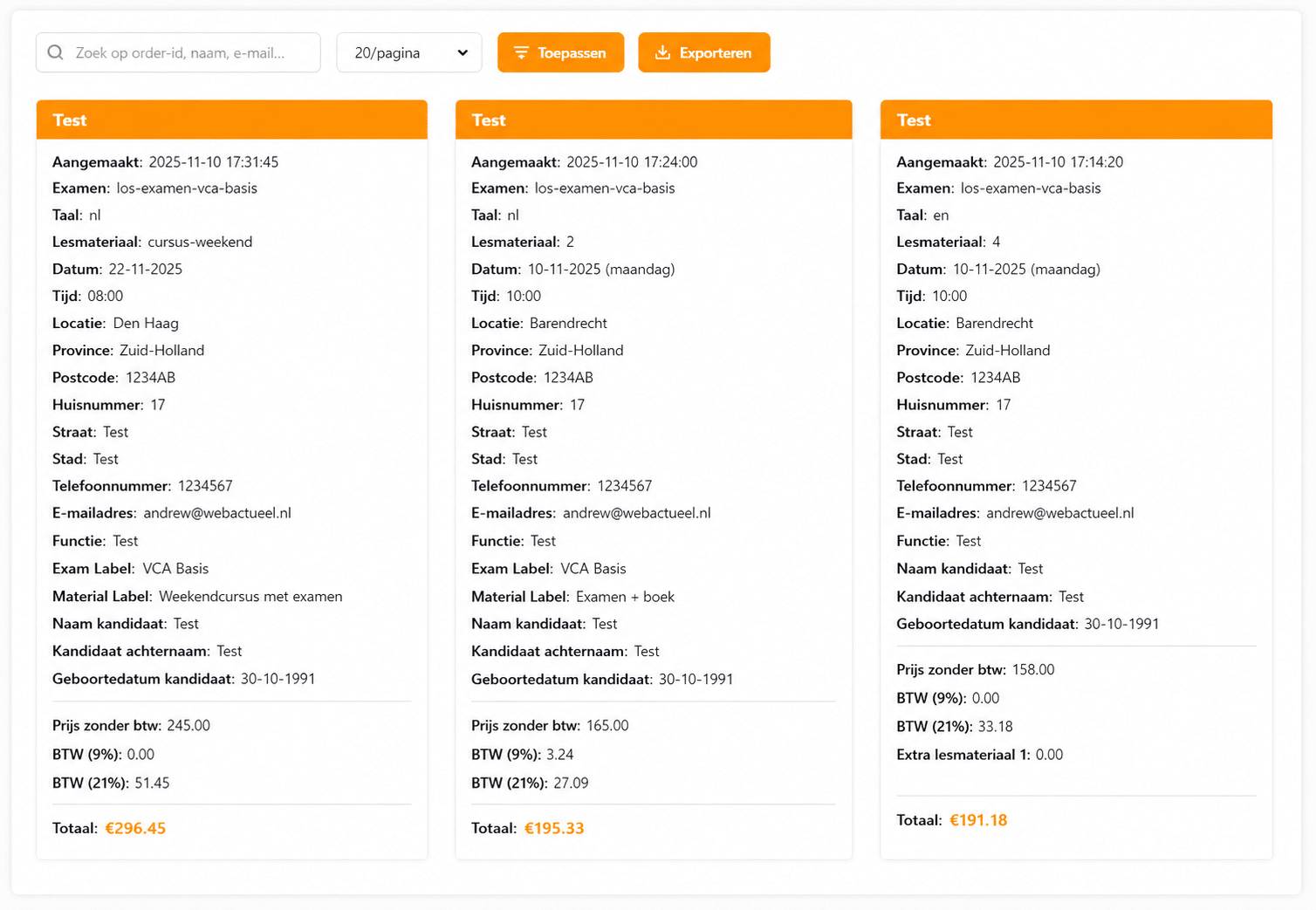 Exam Registration Manager WordPress admin interface overview