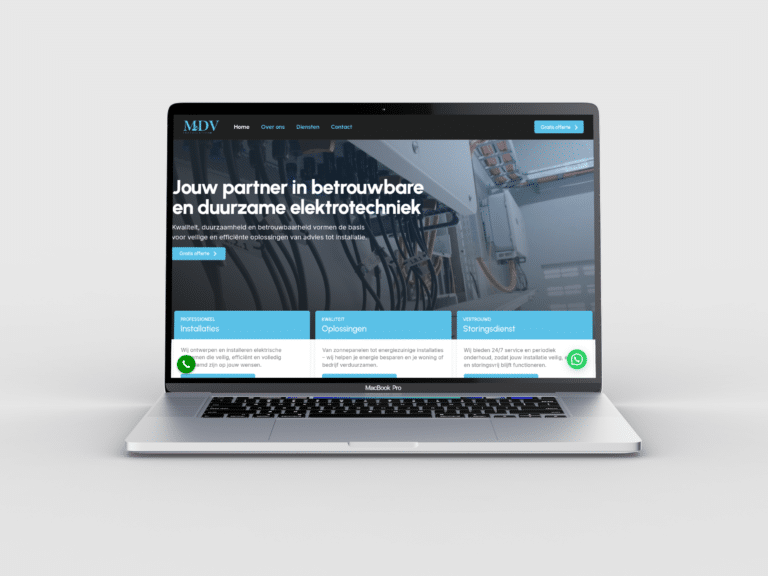 Mdvinstallaties technical service website homepage shown on desktop